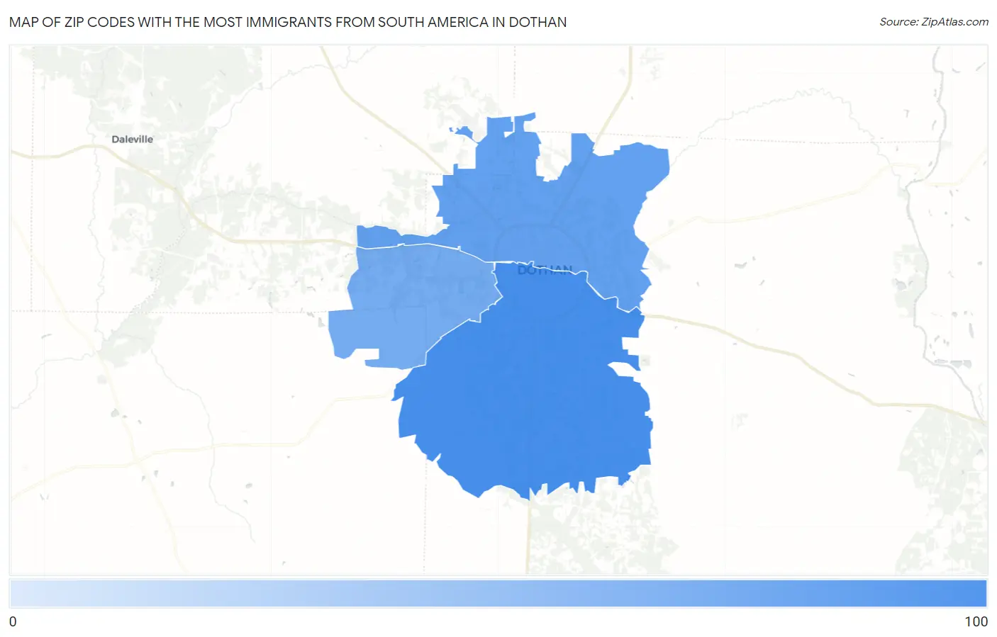 Zip Codes with the Most Immigrants from South America in Dothan Map