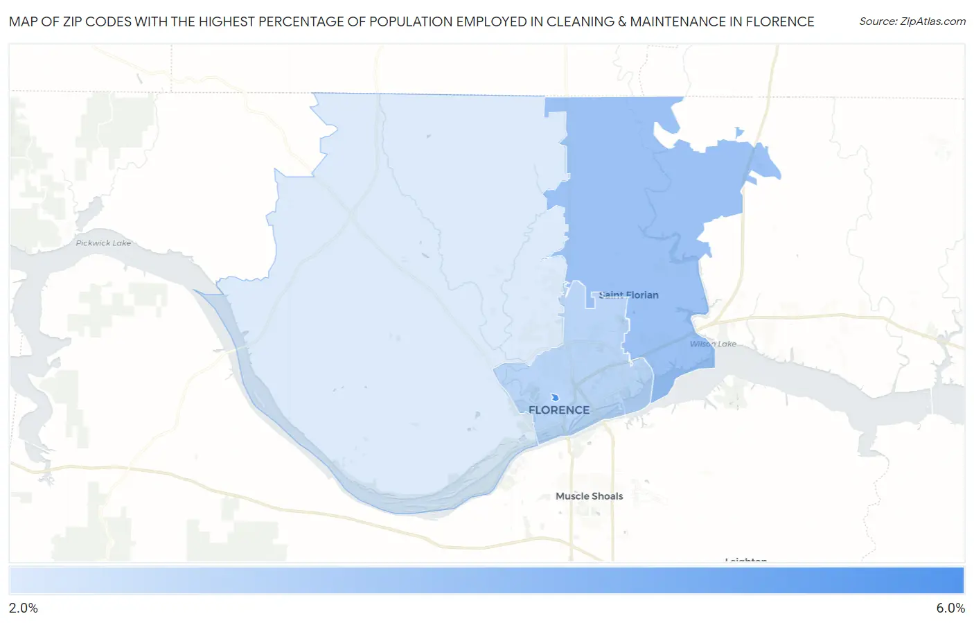 Zip Codes with the Highest Percentage of Population Employed in Cleaning & Maintenance in Florence Map