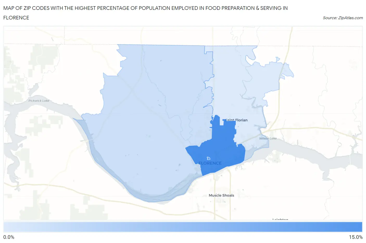 Zip Codes with the Highest Percentage of Population Employed in Food Preparation & Serving in Florence Map