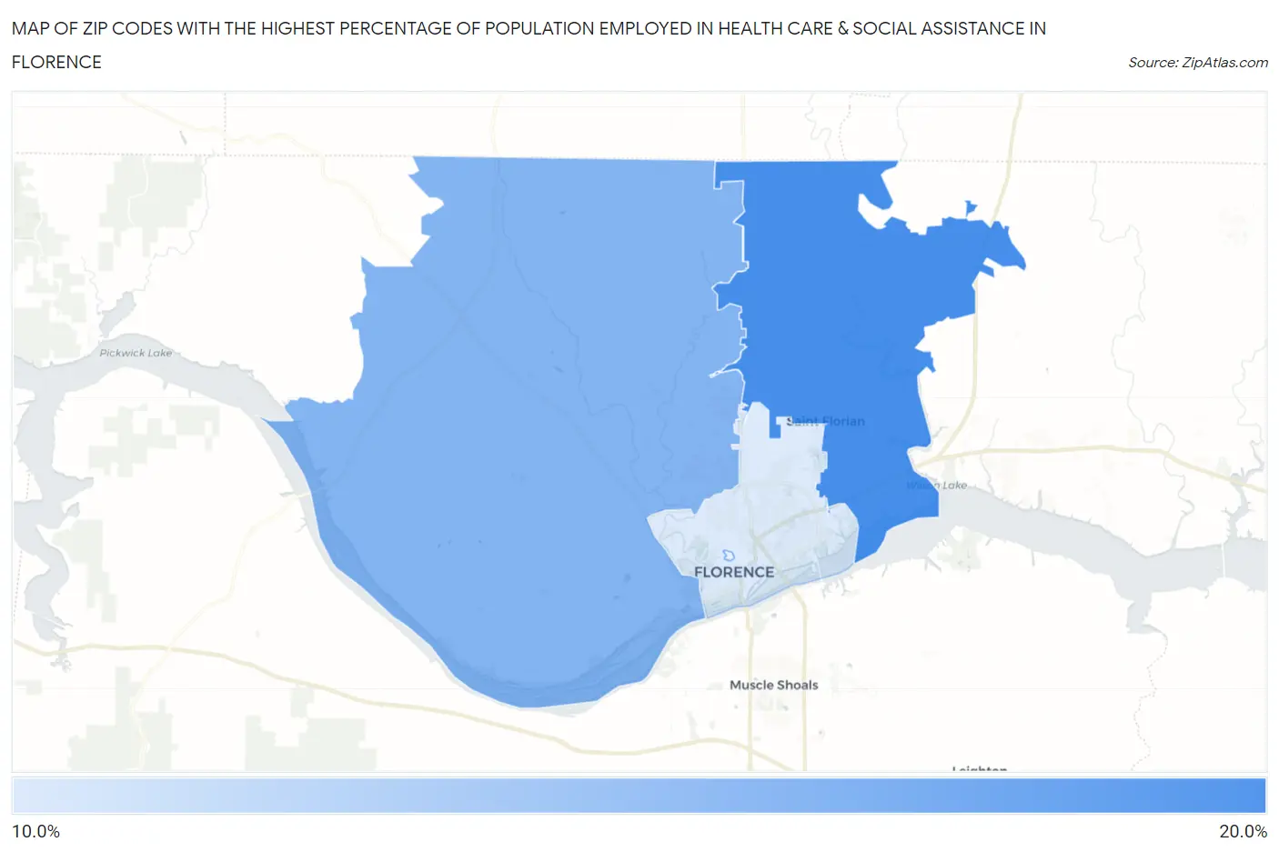 Zip Codes with the Highest Percentage of Population Employed in Health Care & Social Assistance in Florence Map