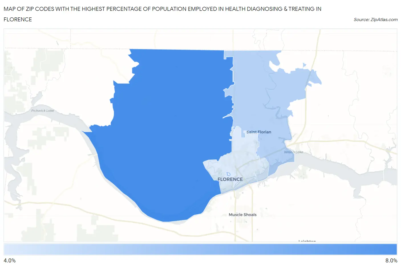Zip Codes with the Highest Percentage of Population Employed in Health Diagnosing & Treating in Florence Map