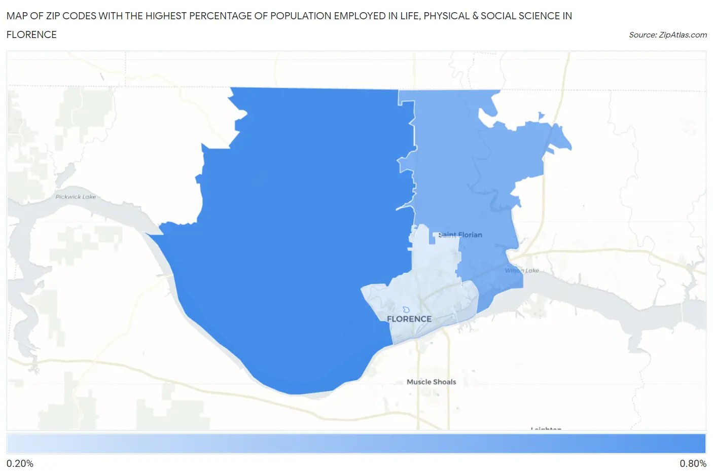 Zip Codes with the Highest Percentage of Population Employed in Life, Physical & Social Science in Florence Map
