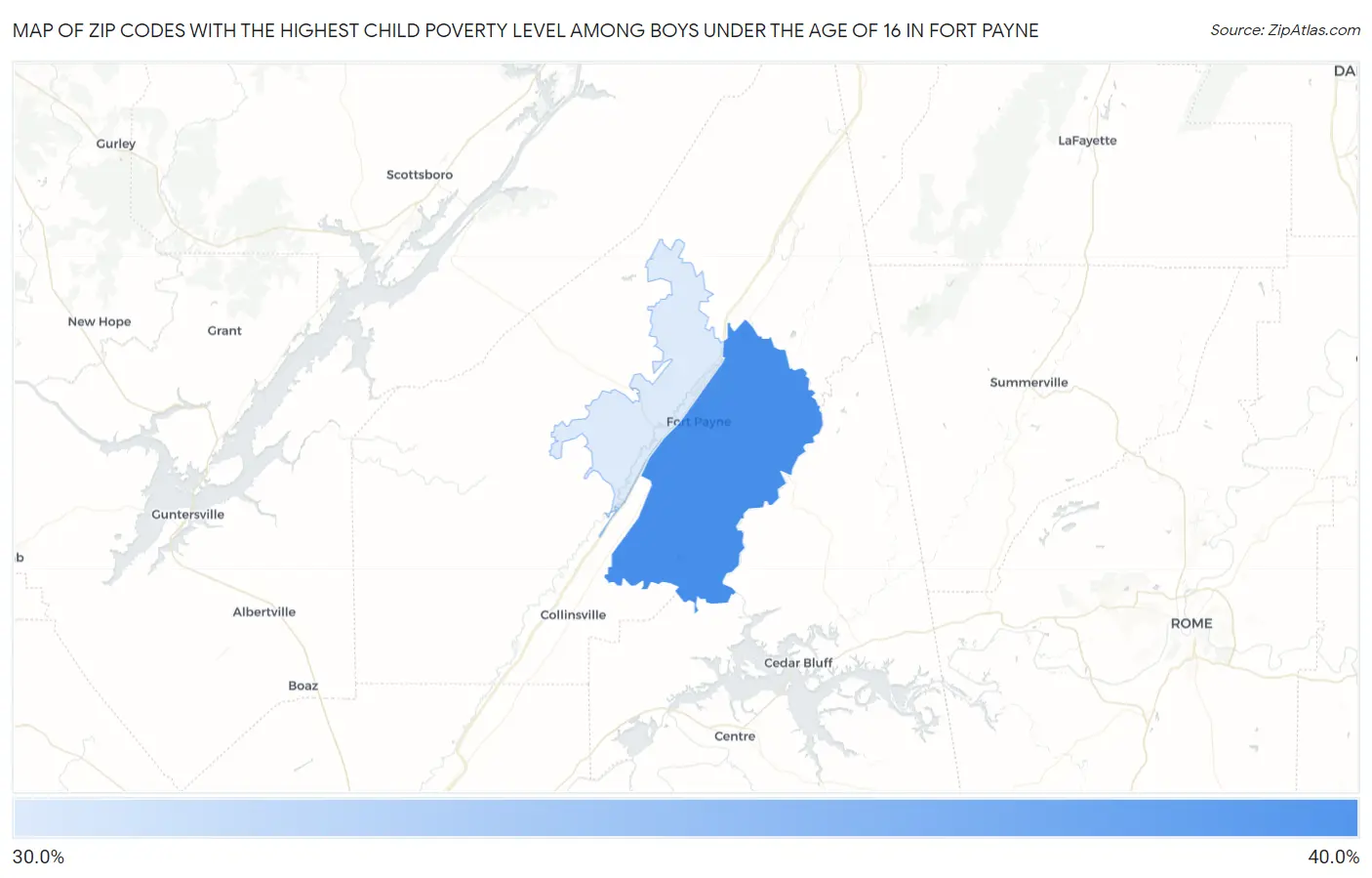 Zip Codes with the Highest Child Poverty Level Among Boys Under the Age of 16 in Fort Payne Map