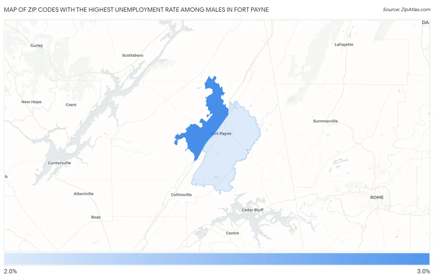 Zip Codes with the Highest Unemployment Rate Among Males in Fort Payne Map