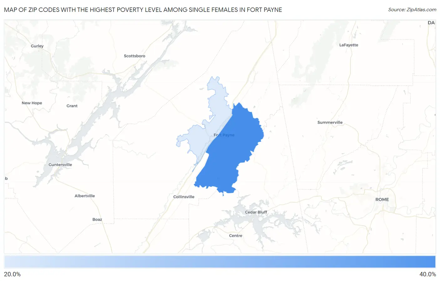 Zip Codes with the Highest Poverty Level Among Single Females in Fort Payne Map