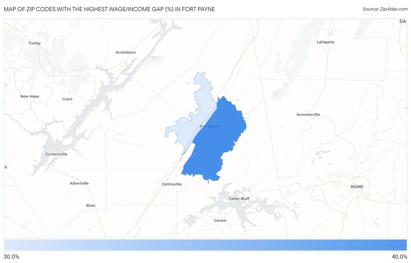 Zip Codes with the Highest Wage/Income Gap (%) in Fort Payne Map