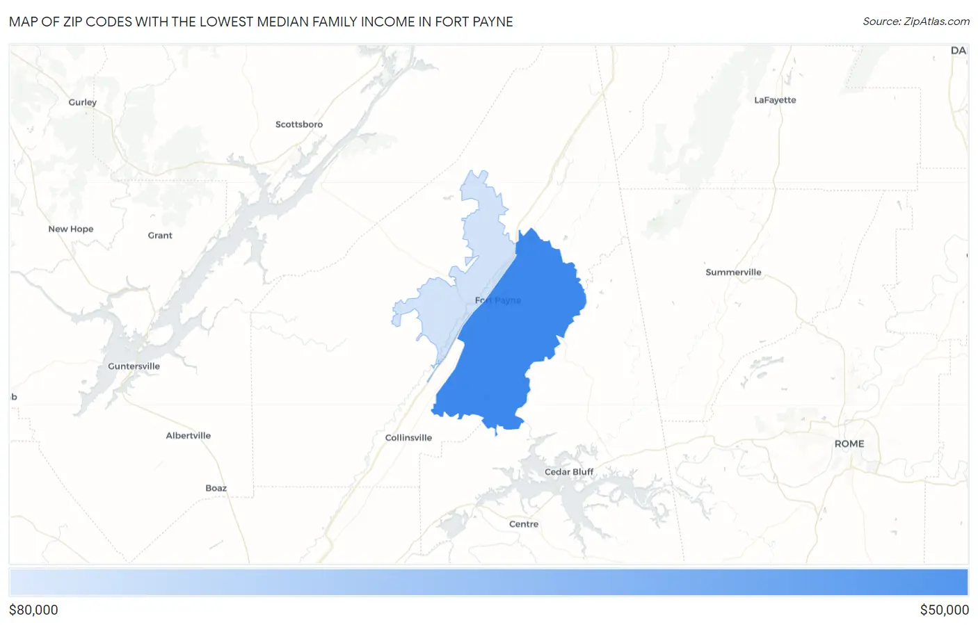 Zip Codes with the Lowest Median Family Income in Fort Payne Map