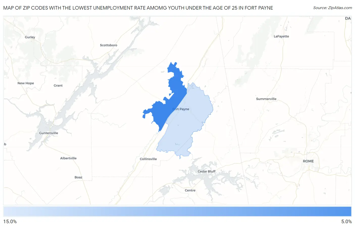 Zip Codes with the Lowest Unemployment Rate Amomg Youth Under the Age of 25 in Fort Payne Map