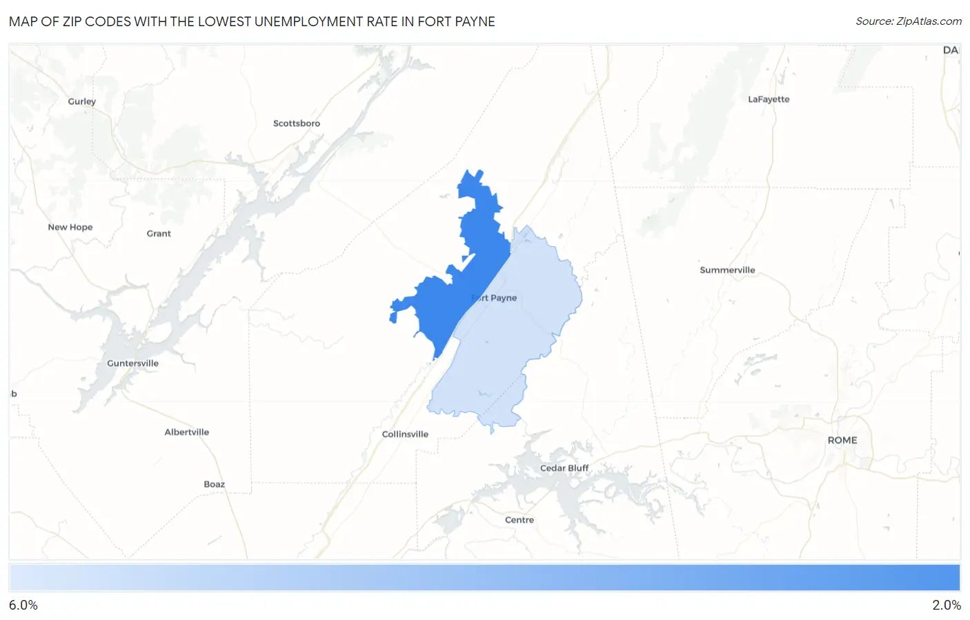 Zip Codes with the Lowest Unemployment Rate in Fort Payne Map