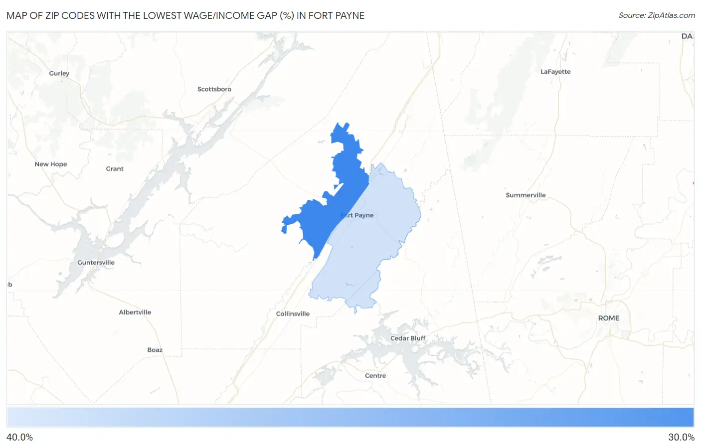 Zip Codes with the Lowest Wage/Income Gap (%) in Fort Payne Map
