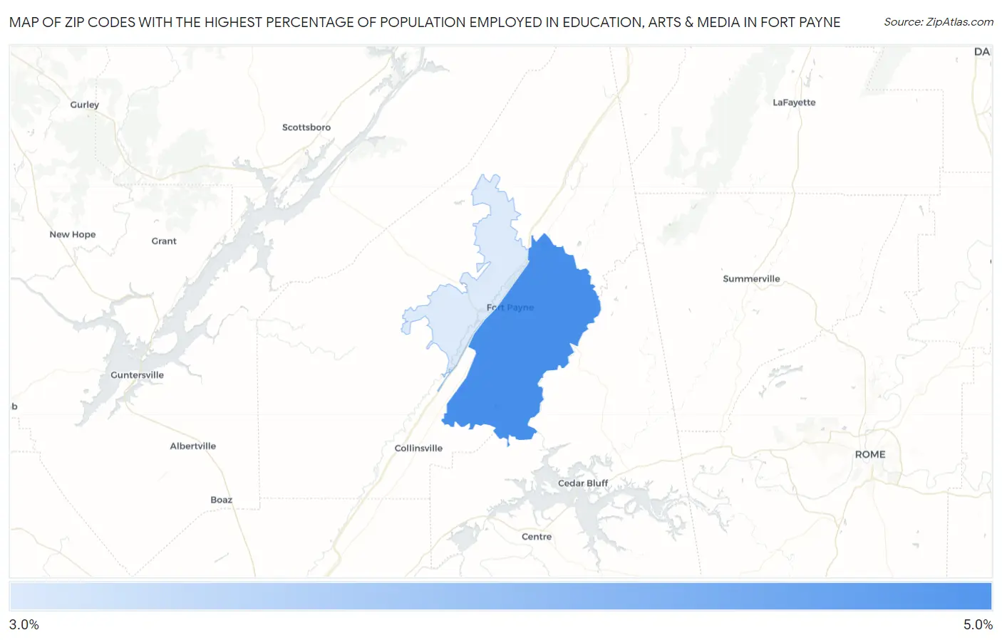 Zip Codes with the Highest Percentage of Population Employed in Education, Arts & Media in Fort Payne Map