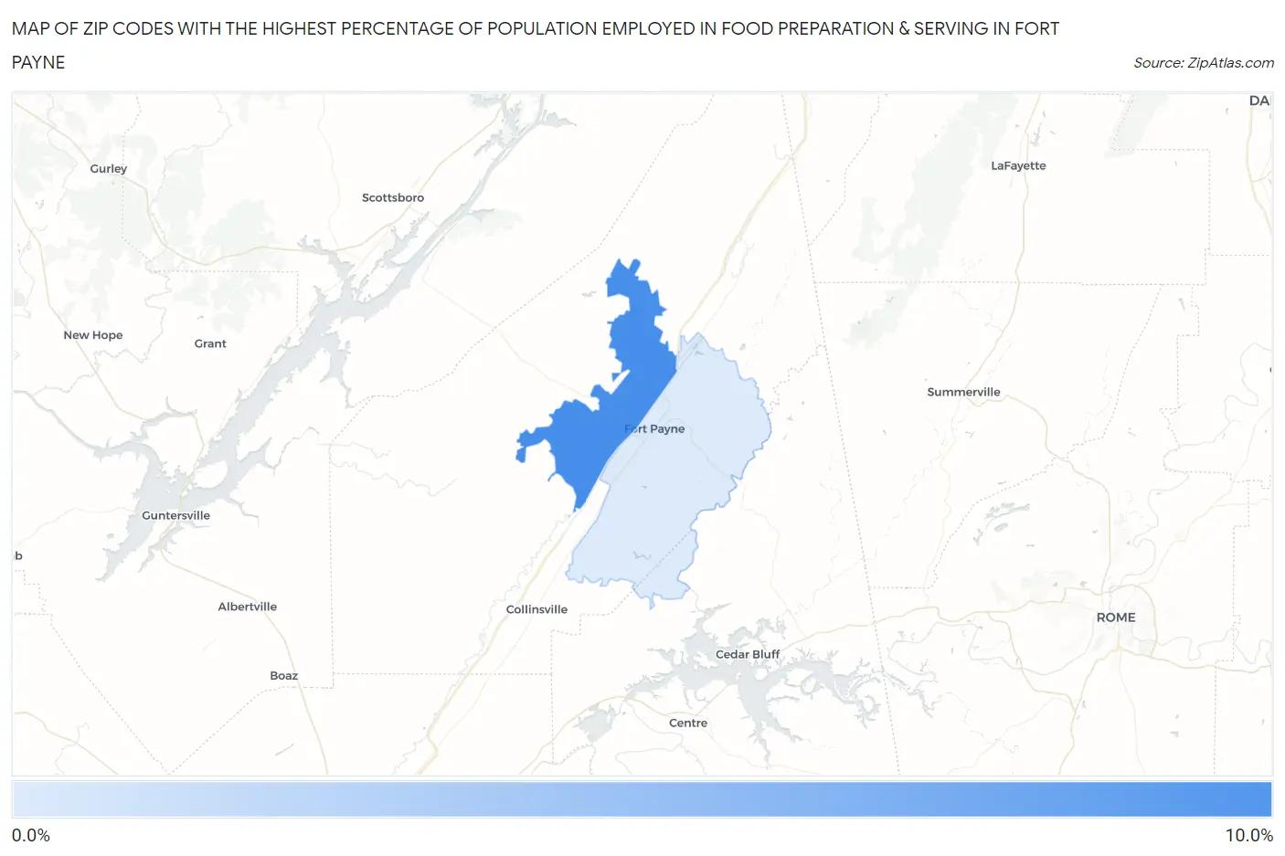 Zip Codes with the Highest Percentage of Population Employed in Food Preparation & Serving in Fort Payne Map