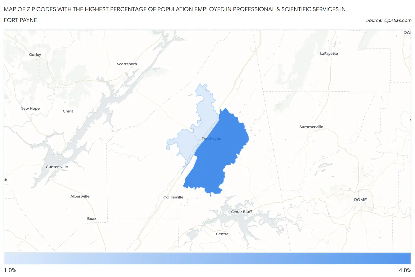 Zip Codes with the Highest Percentage of Population Employed in Professional & Scientific Services in Fort Payne Map
