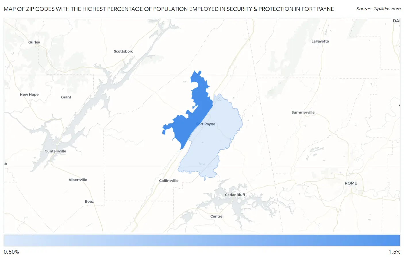 Zip Codes with the Highest Percentage of Population Employed in Security & Protection in Fort Payne Map