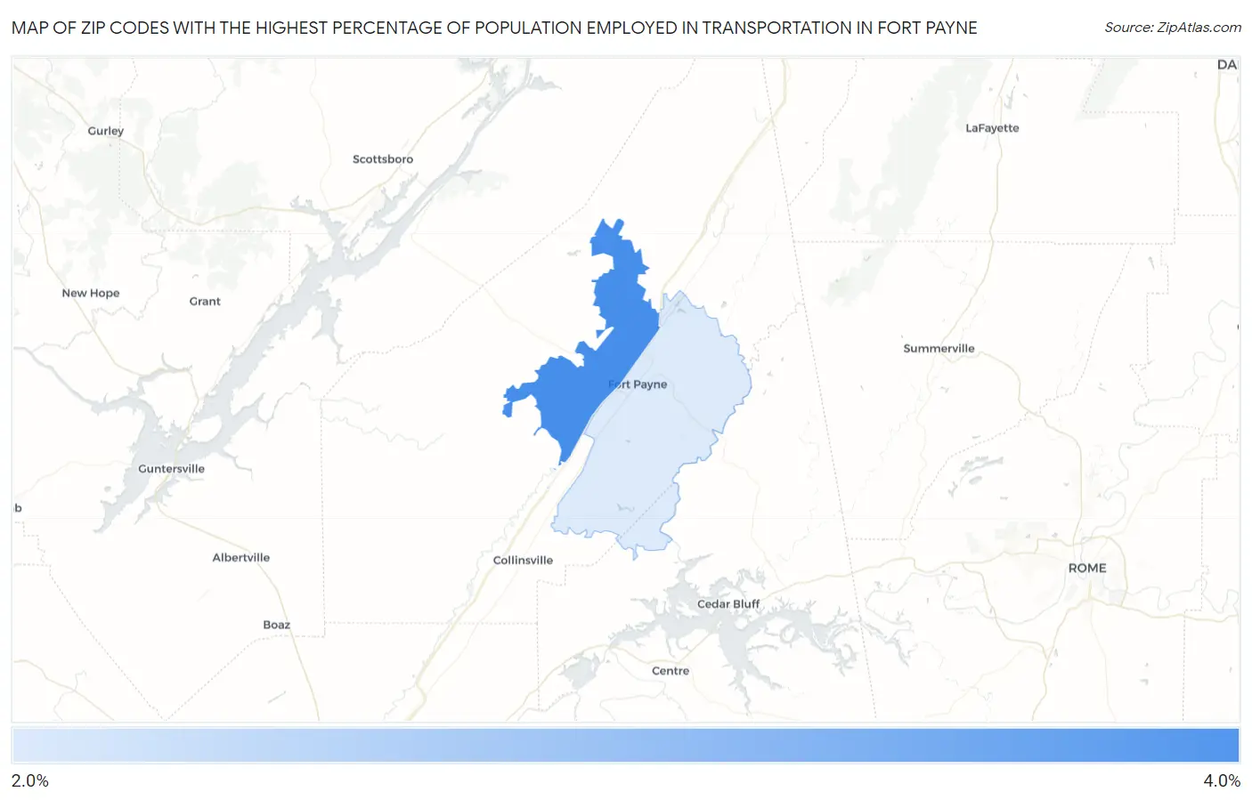 Zip Codes with the Highest Percentage of Population Employed in Transportation in Fort Payne Map