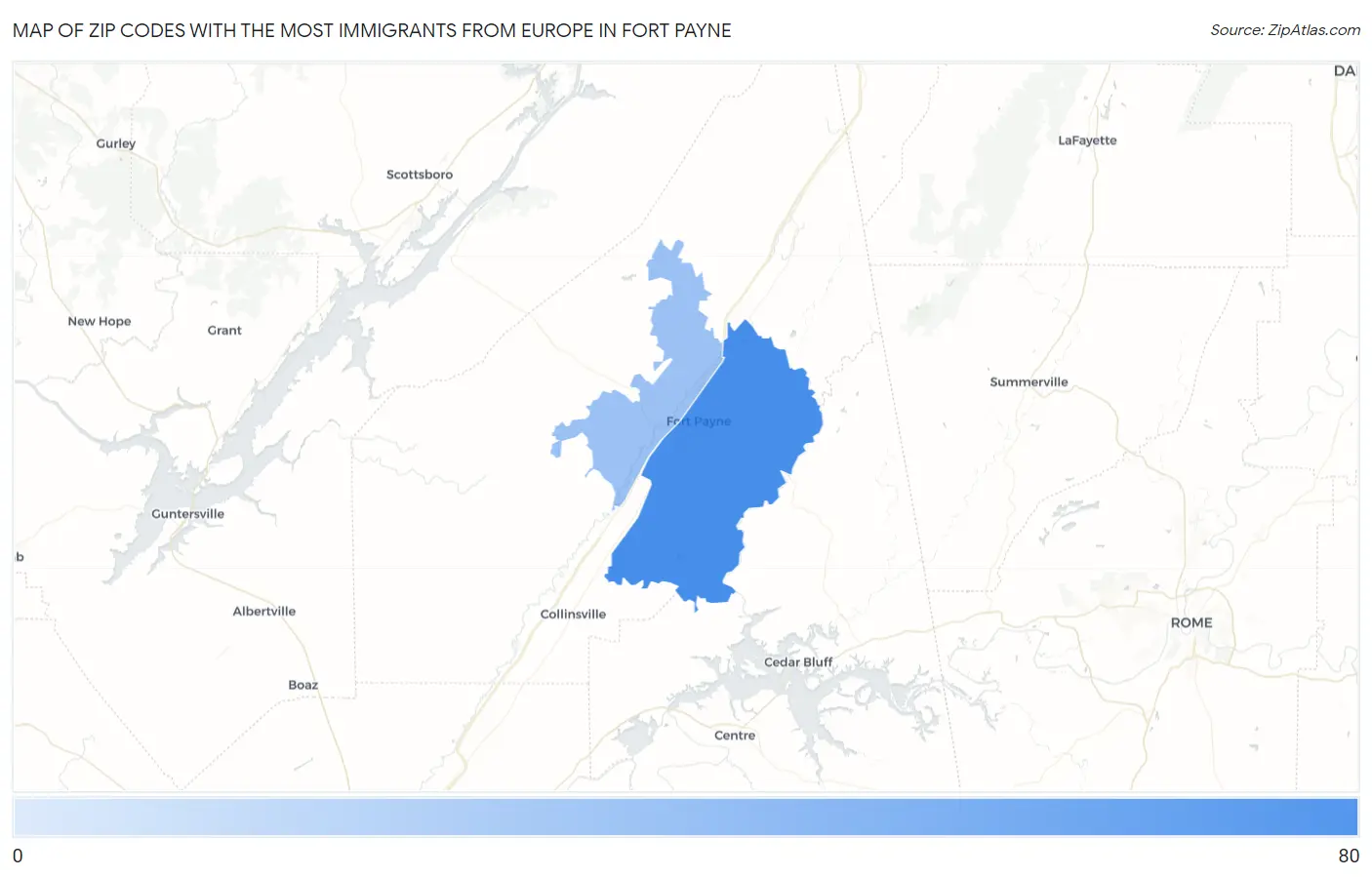 Zip Codes with the Most Immigrants from Europe in Fort Payne Map