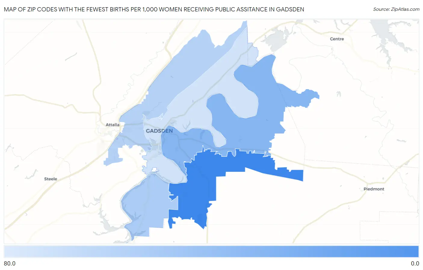Zip Codes with the Fewest Births per 1,000 Women Receiving Public Assitance in Gadsden Map