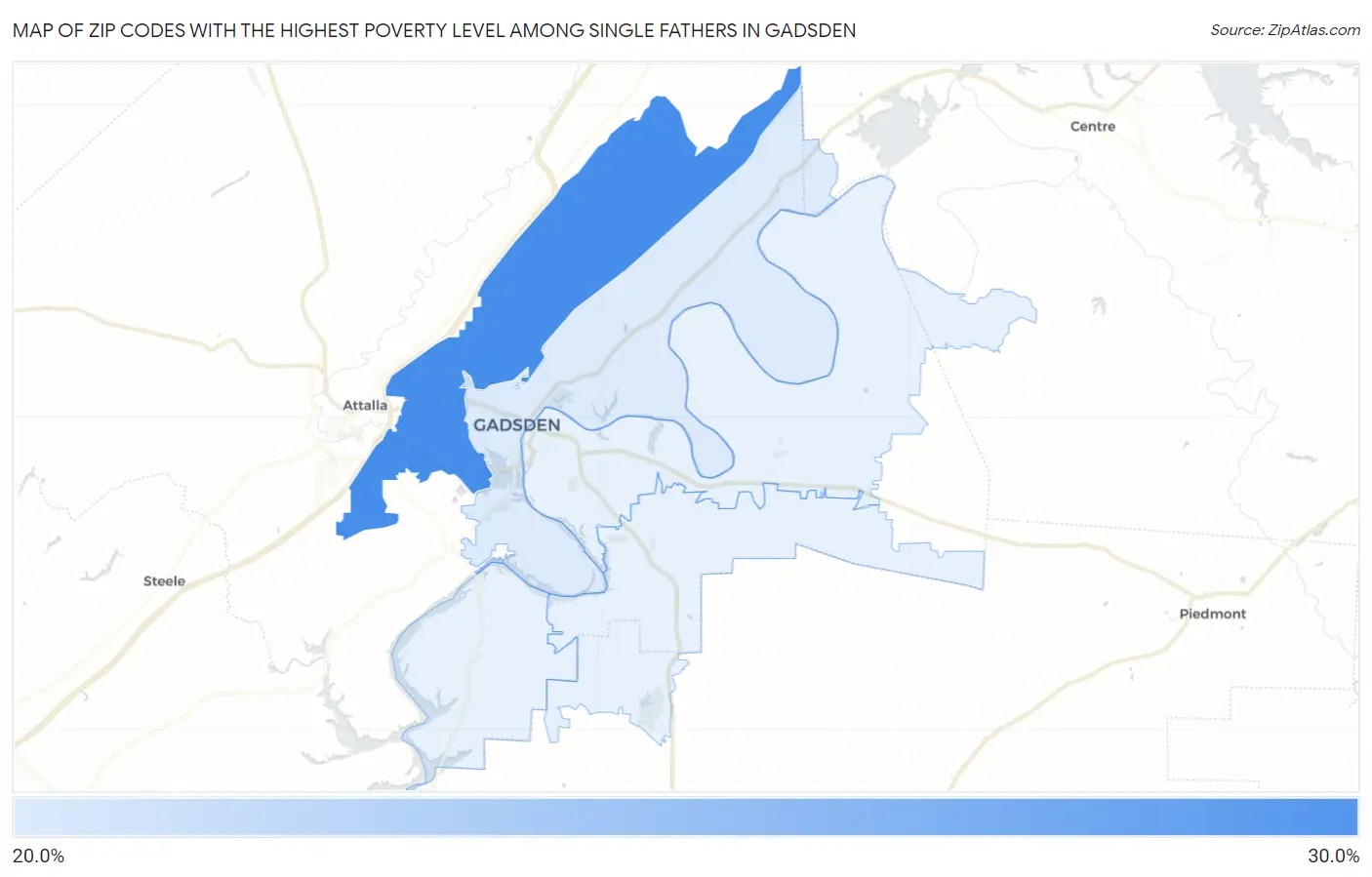 Zip Codes with the Highest Poverty Level Among Single Fathers in Gadsden Map