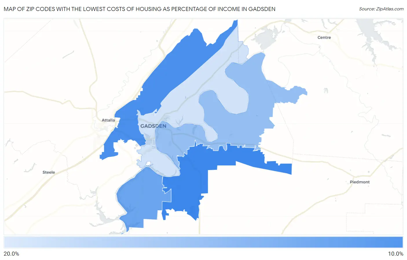 Zip Codes with the Lowest Costs of Housing as Percentage of Income in Gadsden Map