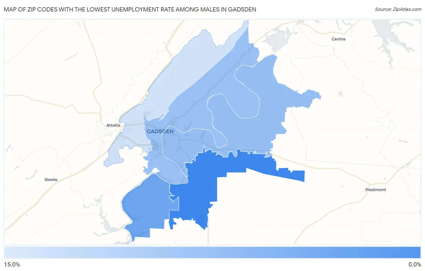 Zip Codes with the Lowest Unemployment Rate Among Males in Gadsden Map