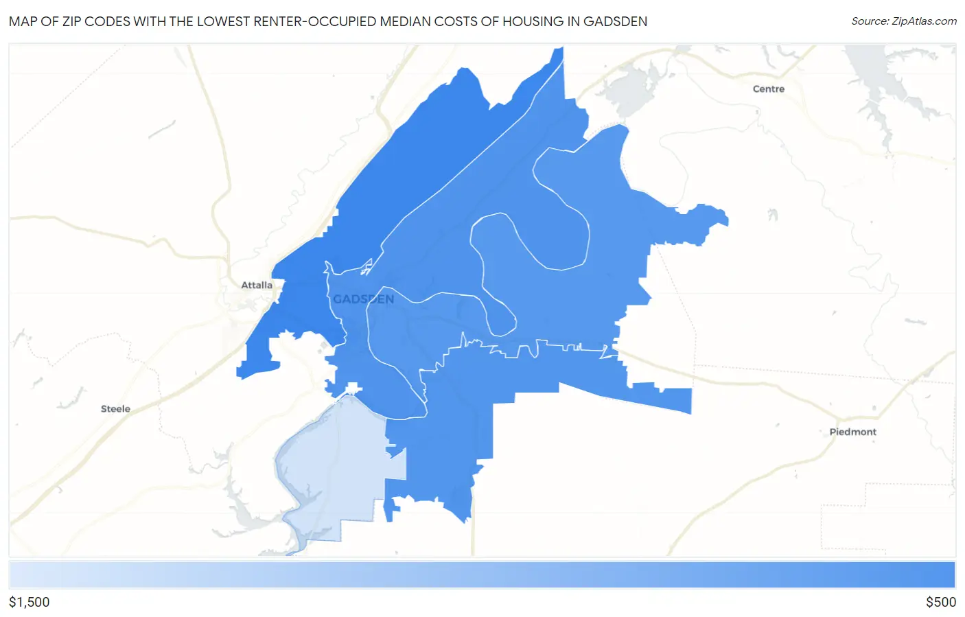 Zip Codes with the Lowest Renter-Occupied Median Costs of Housing in Gadsden Map