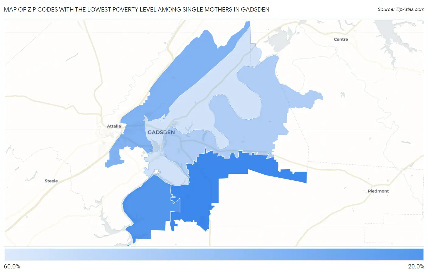 Zip Codes with the Lowest Poverty Level Among Single Mothers in Gadsden Map