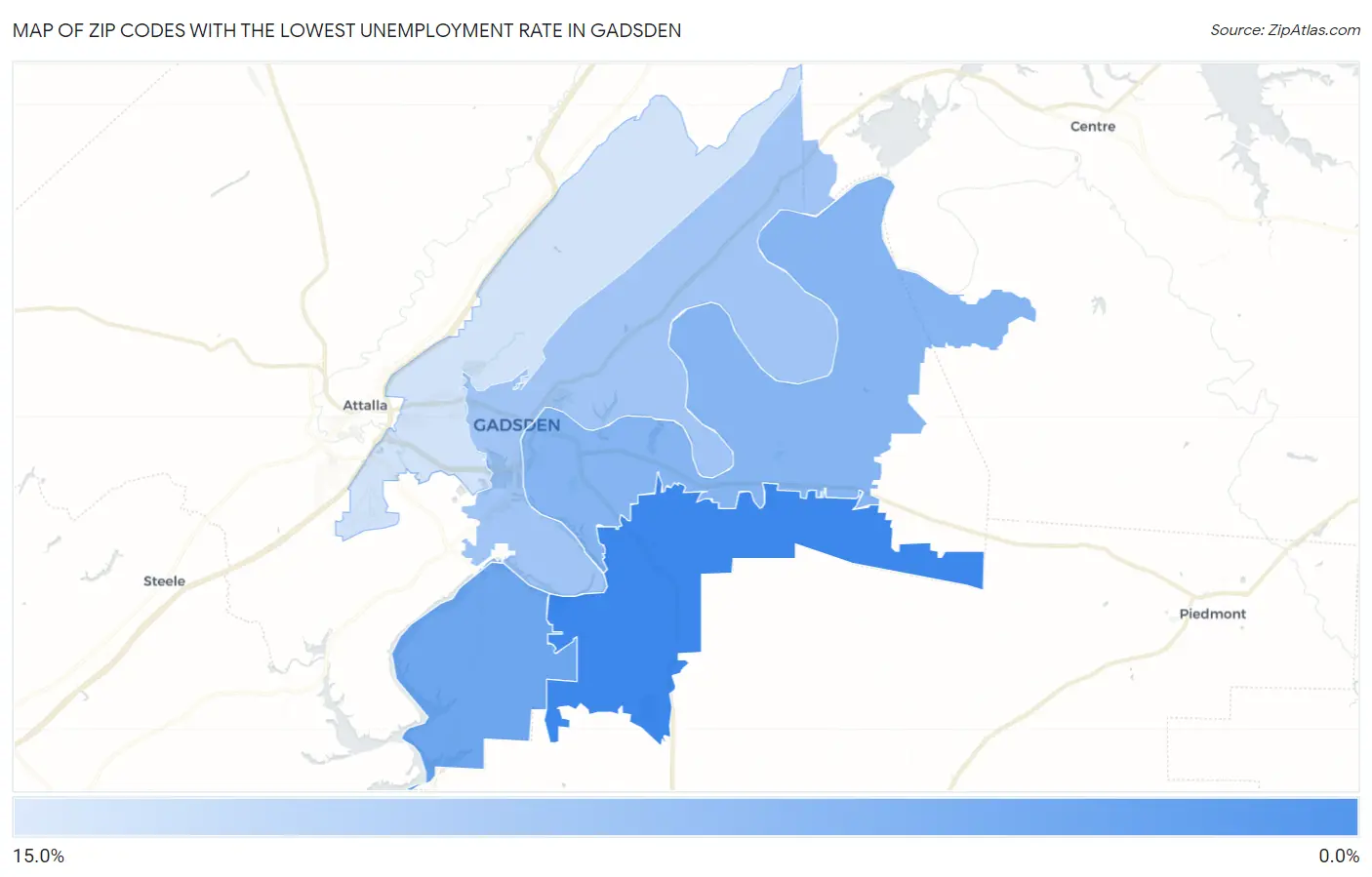 Zip Codes with the Lowest Unemployment Rate in Gadsden Map