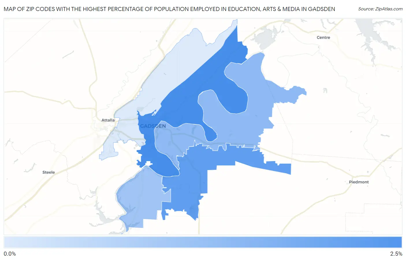 Zip Codes with the Highest Percentage of Population Employed in Education, Arts & Media in Gadsden Map