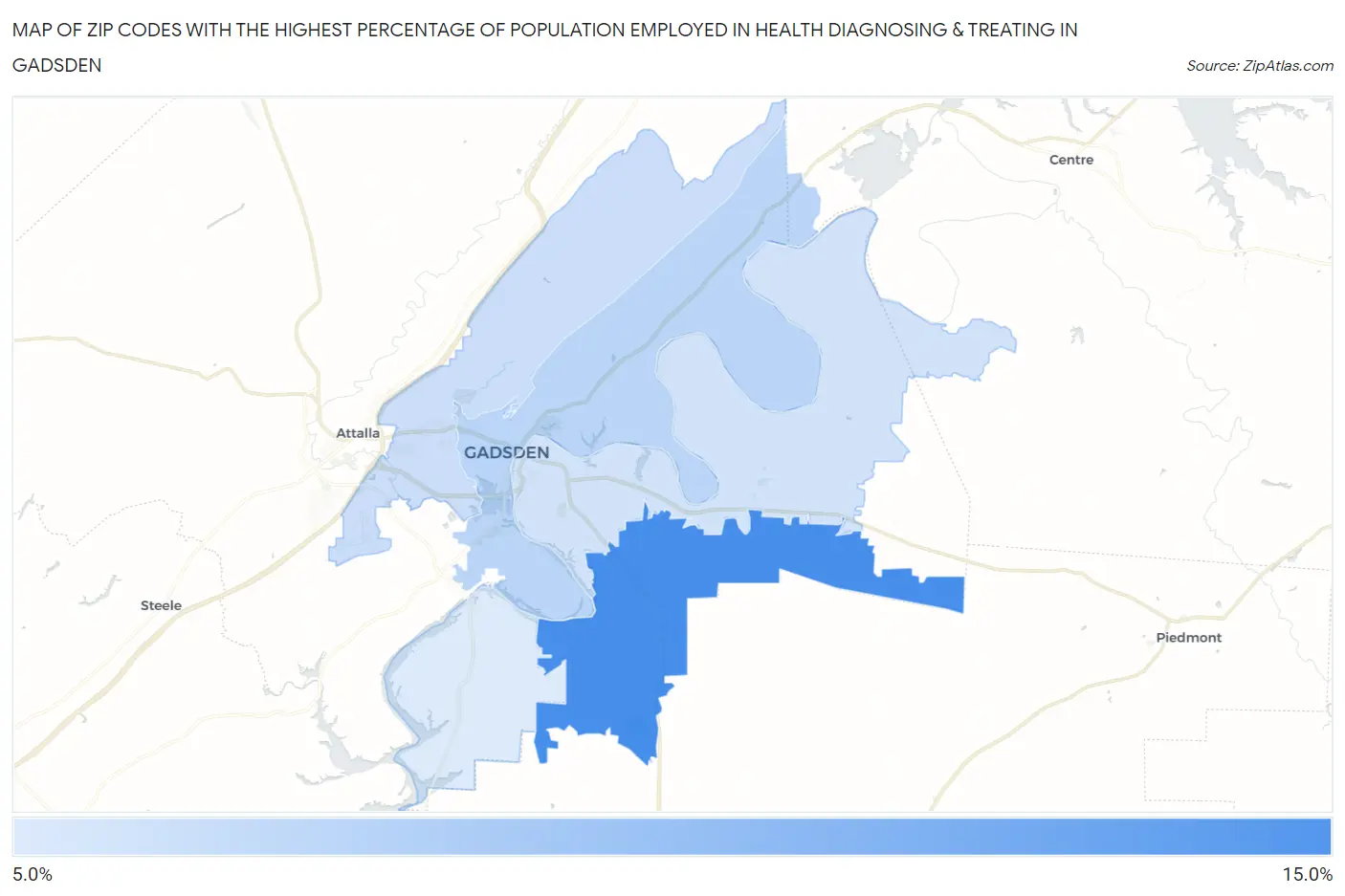 Zip Codes with the Highest Percentage of Population Employed in Health Diagnosing & Treating in Gadsden Map