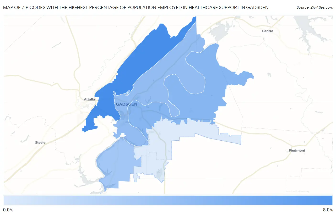 Zip Codes with the Highest Percentage of Population Employed in Healthcare Support in Gadsden Map