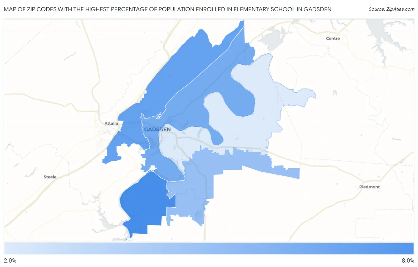 Zip Codes with the Highest Percentage of Population Enrolled in Elementary School in Gadsden Map