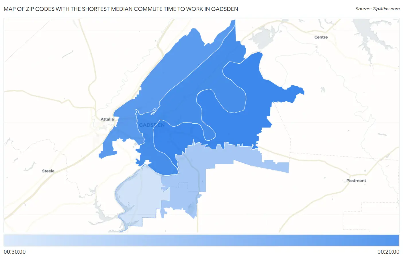 Zip Codes with the Shortest Median Commute Time to Work in Gadsden Map