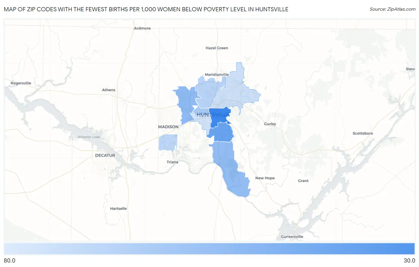 Zip Codes with the Fewest Births per 1,000 Women Below Poverty Level in Huntsville Map