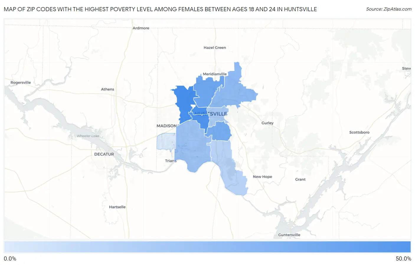 Zip Codes with the Highest Poverty Level Among Females Between Ages 18 and 24 in Huntsville Map