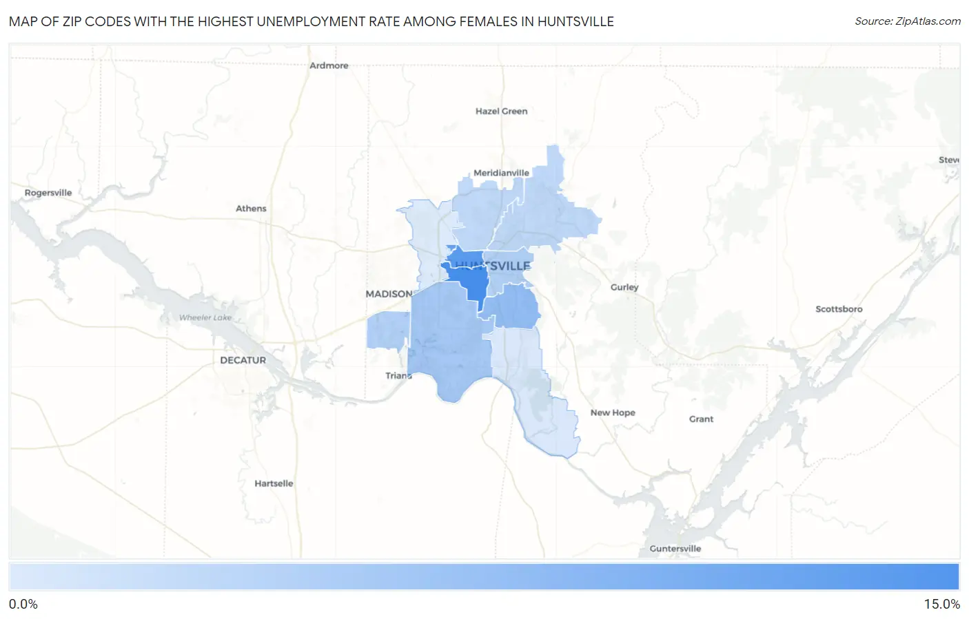 Zip Codes with the Highest Unemployment Rate Among Females in Huntsville Map