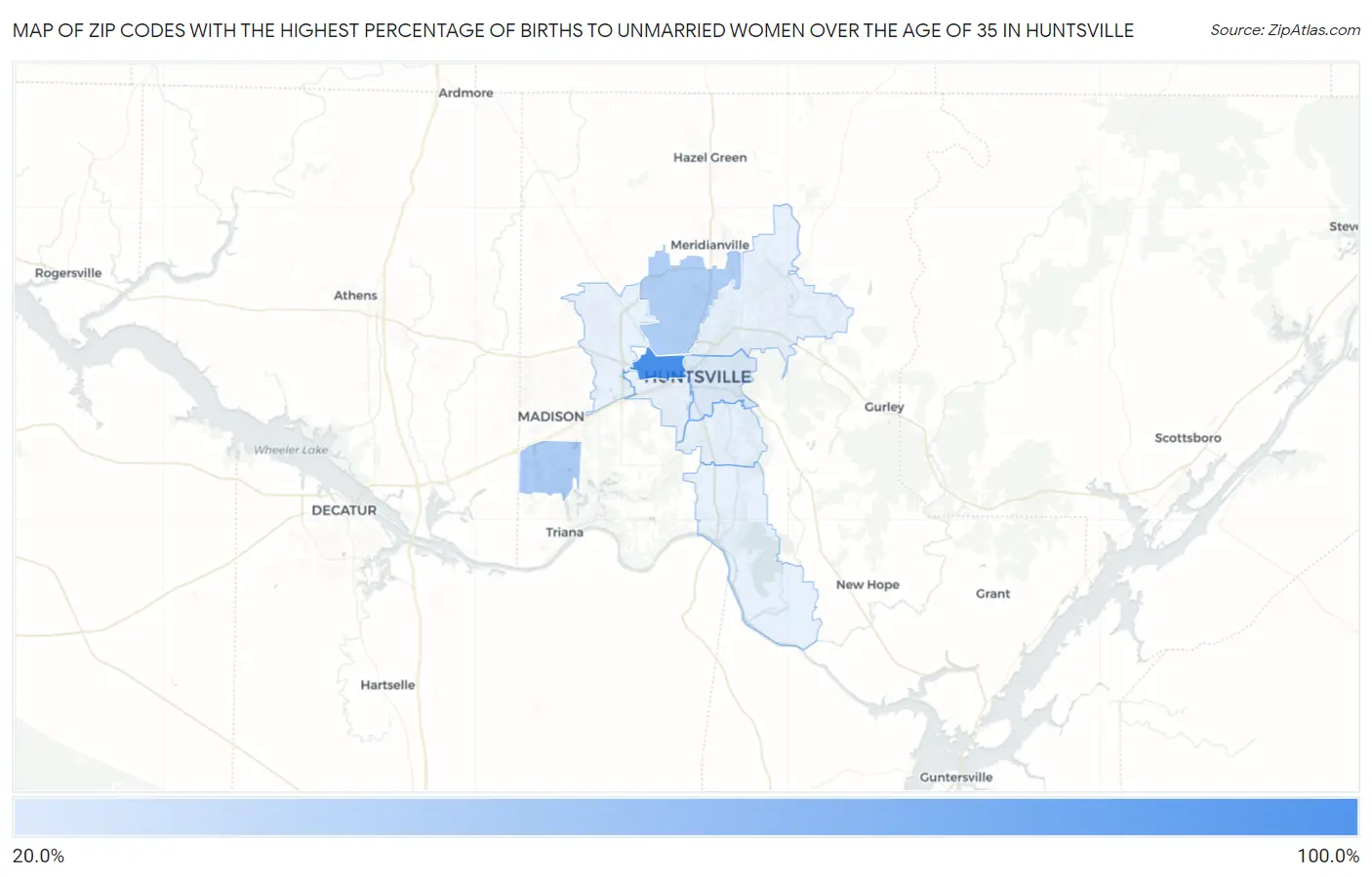 Zip Codes with the Highest Percentage of Births to Unmarried Women over the Age of 35 in Huntsville Map