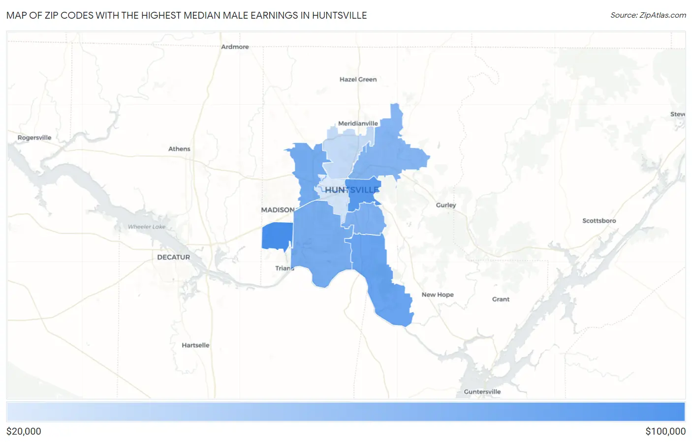 Zip Codes with the Highest Median Male Earnings in Huntsville Map