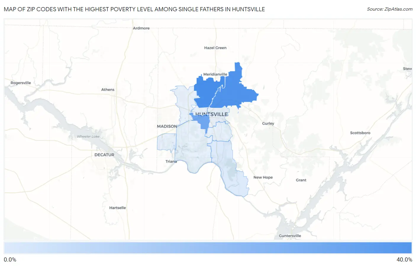 Zip Codes with the Highest Poverty Level Among Single Fathers in Huntsville Map