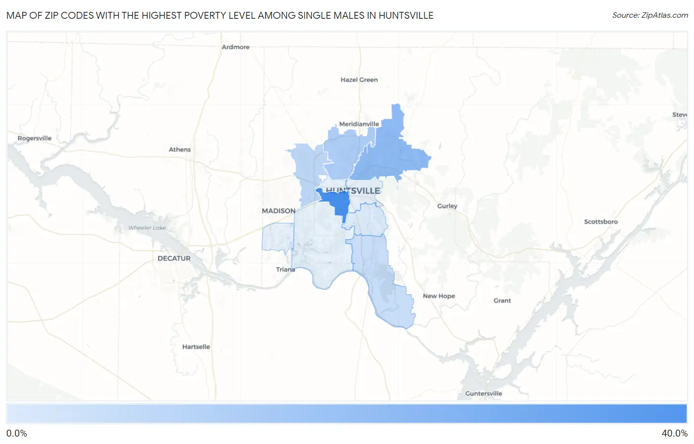Zip Codes with the Highest Poverty Level Among Single Males in Huntsville Map