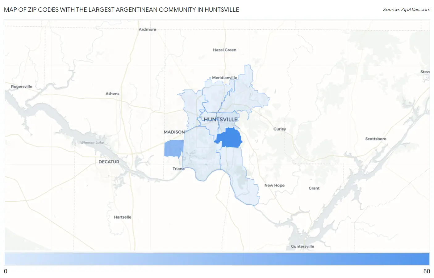 Zip Codes with the Largest Argentinean Community in Huntsville Map