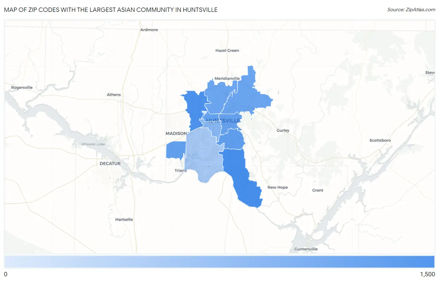 Zip Codes with the Largest Asian Community in Huntsville Map