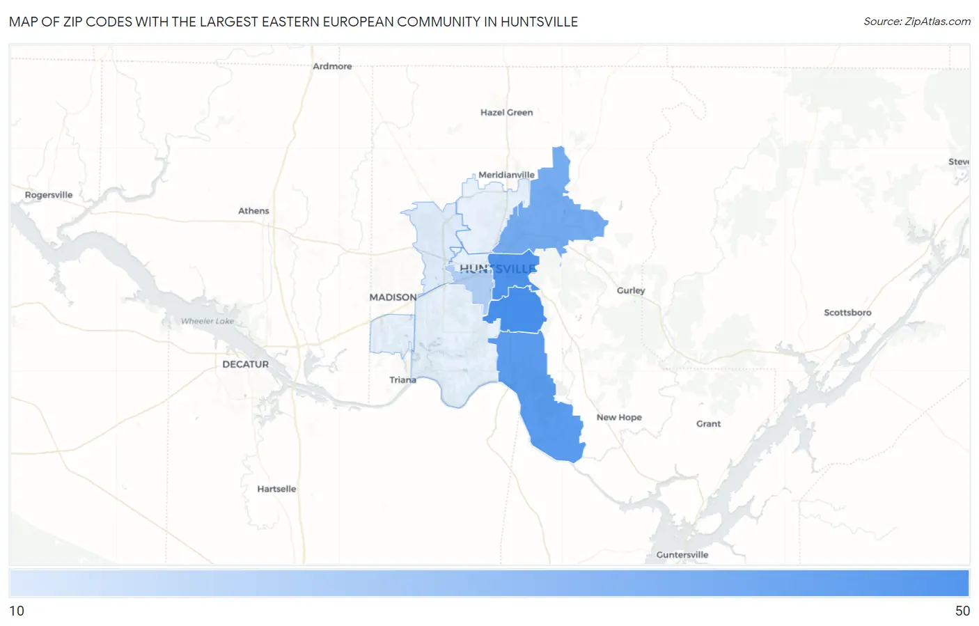 Zip Codes with the Largest Eastern European Community in Huntsville Map