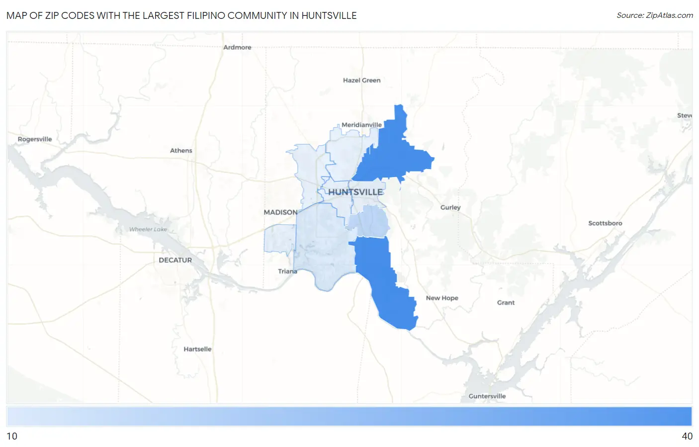 Zip Codes with the Largest Filipino Community in Huntsville Map