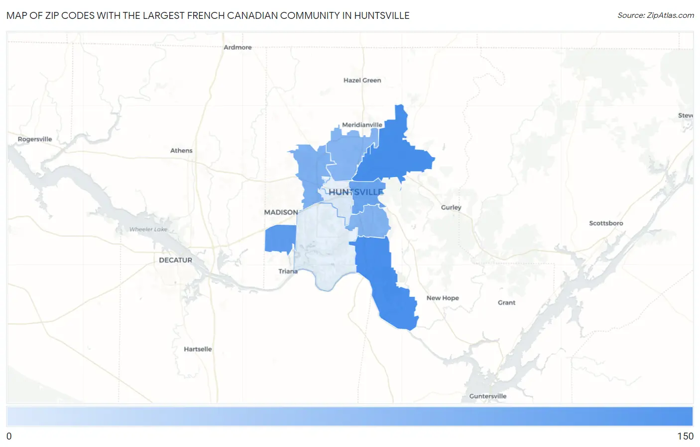 Zip Codes with the Largest French Canadian Community in Huntsville Map