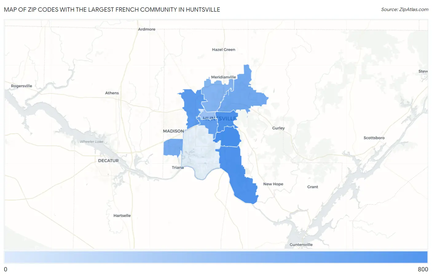 Zip Codes with the Largest French Community in Huntsville Map