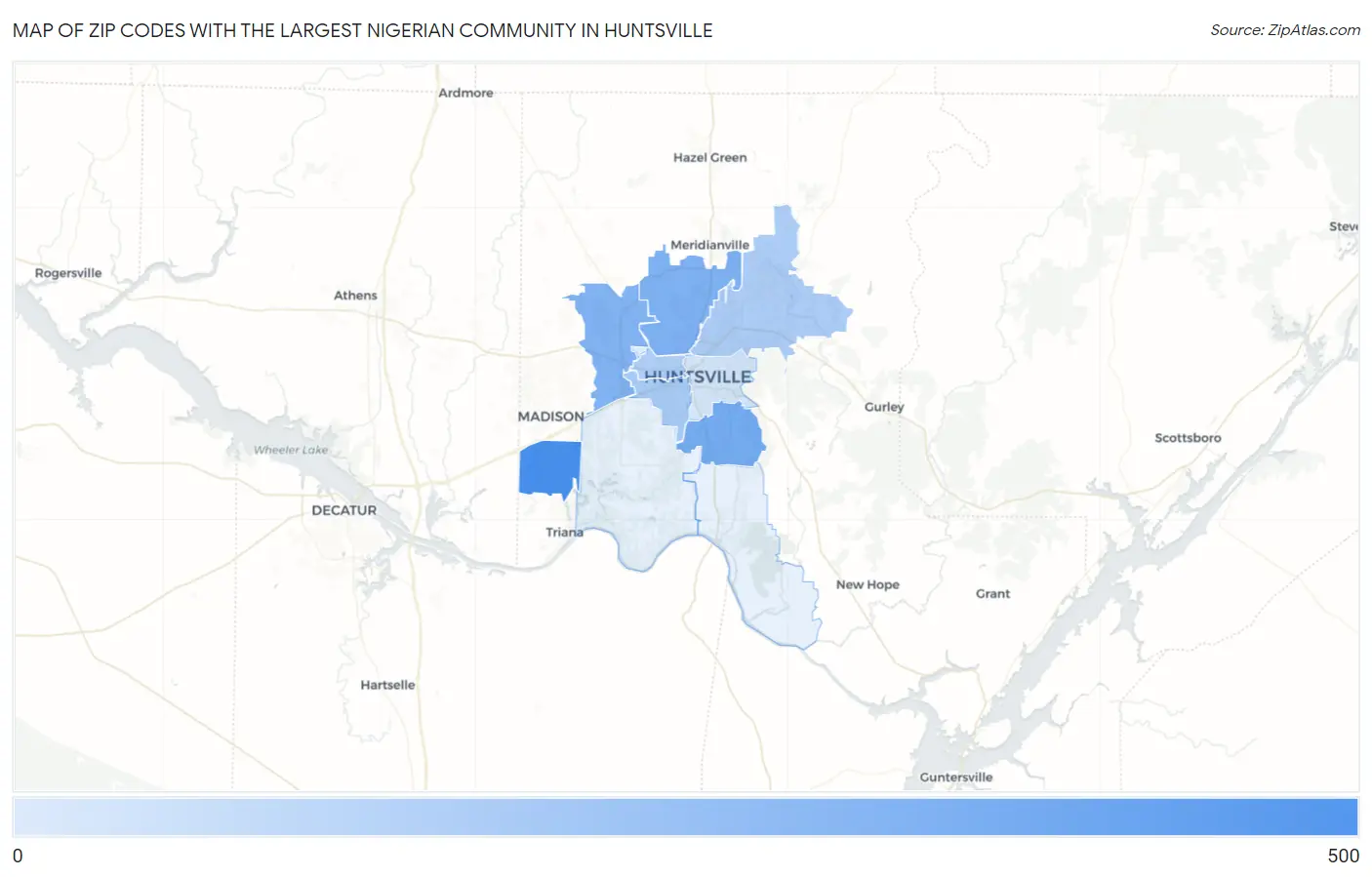Zip Codes with the Largest Nigerian Community in Huntsville Map