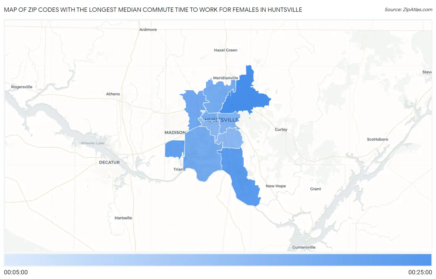 Zip Codes with the Longest Median Commute Time to Work for Females in Huntsville Map