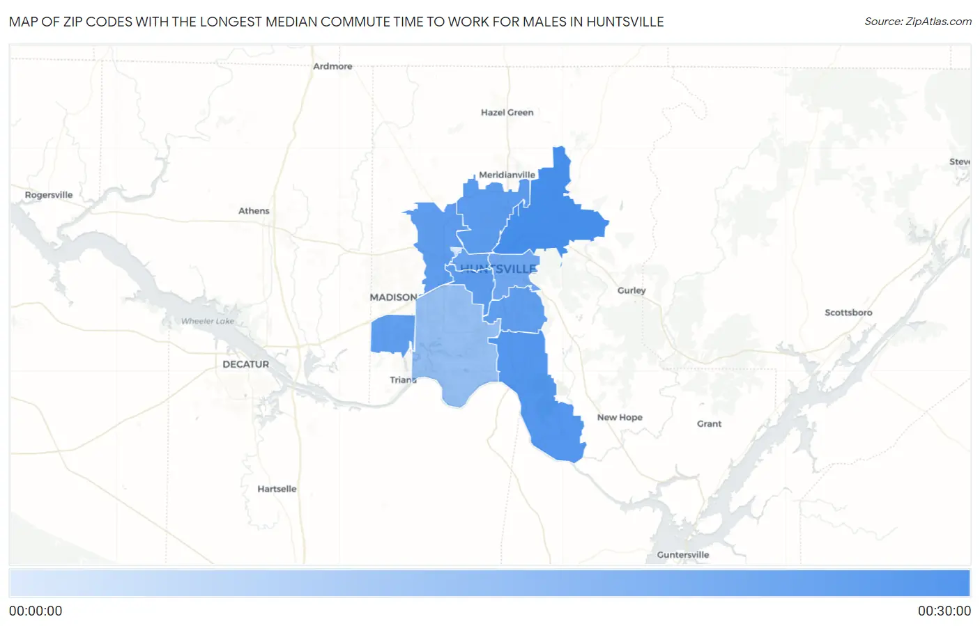 Zip Codes with the Longest Median Commute Time to Work for Males in Huntsville Map