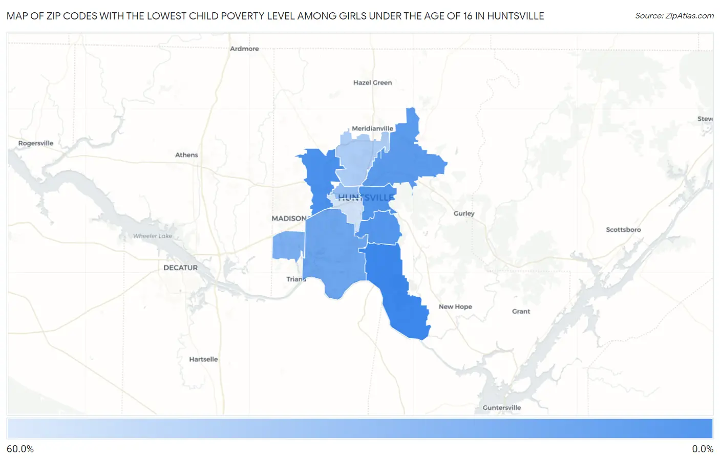 Zip Codes with the Lowest Child Poverty Level Among Girls Under the Age of 16 in Huntsville Map