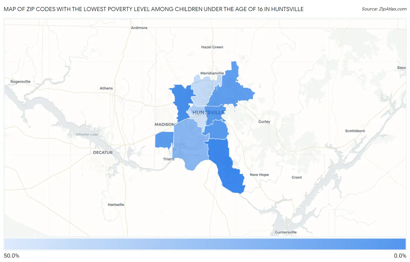 Zip Codes with the Lowest Poverty Level Among Children Under the Age of 16 in Huntsville Map
